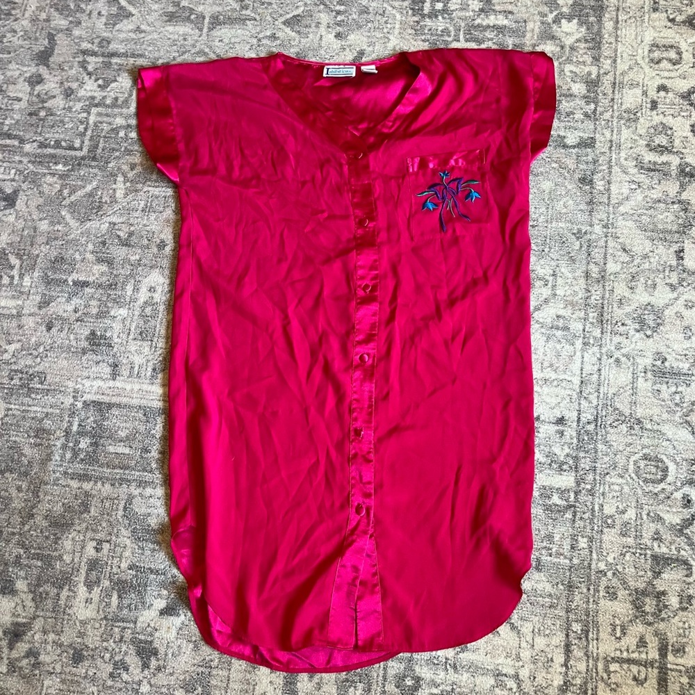 Vintage Pink Nightie Satin Embroidered Shirt Dress Size Large